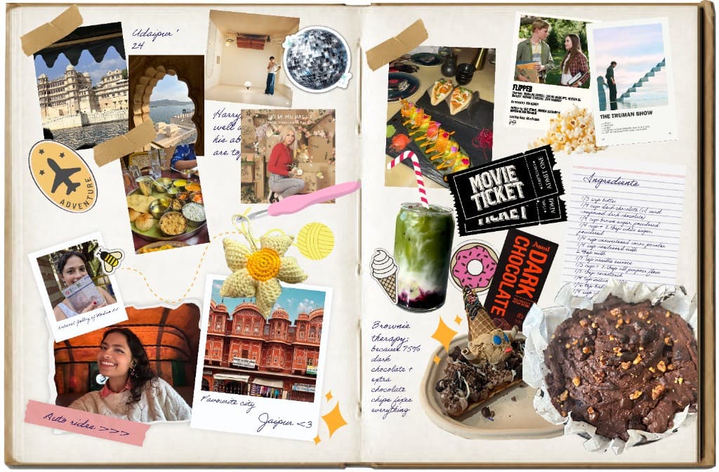 A scrapbook collage of travel, favorite desserts, movies, and personal memories.