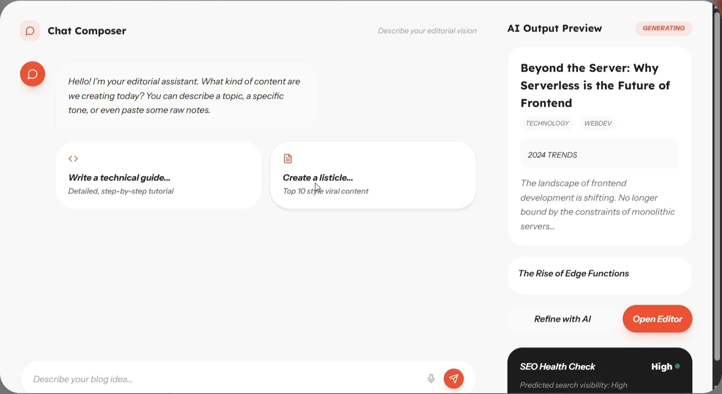 Quick create as a chat: the assistant asks what we are writing today with two starter cards, while an output preview on the right already shows a generating title, tags and an SEO health check