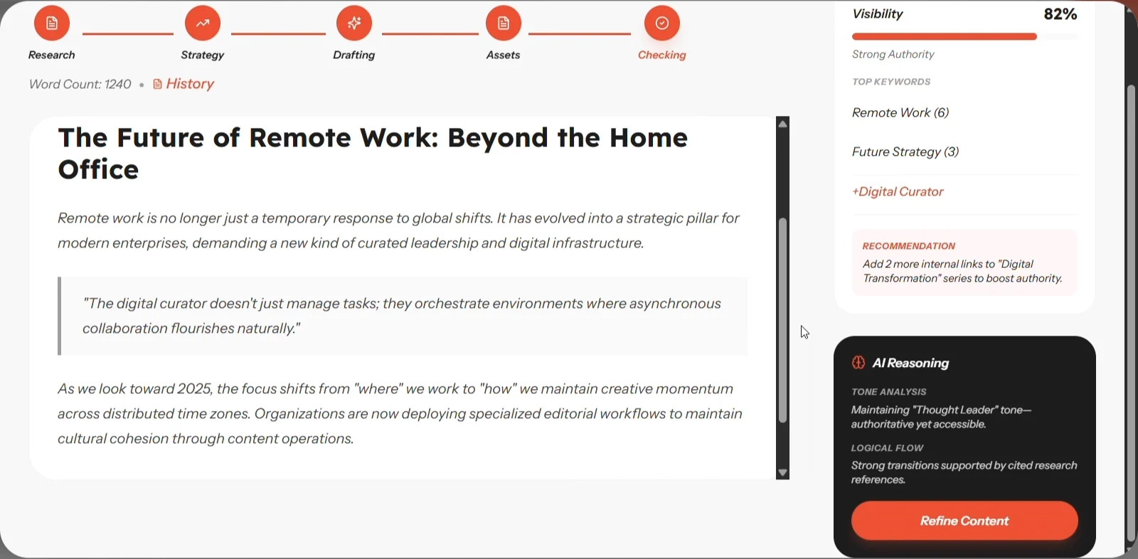 The draft at the checking stage: a five-step progress bar from research to checking above the article, a word count and history link, and on the right an SEO panel with 82 percent visibility, top keywords and a recommendation to add two internal links, above a dark AI reasoning card describing the tone and logical flow with a Refine content button