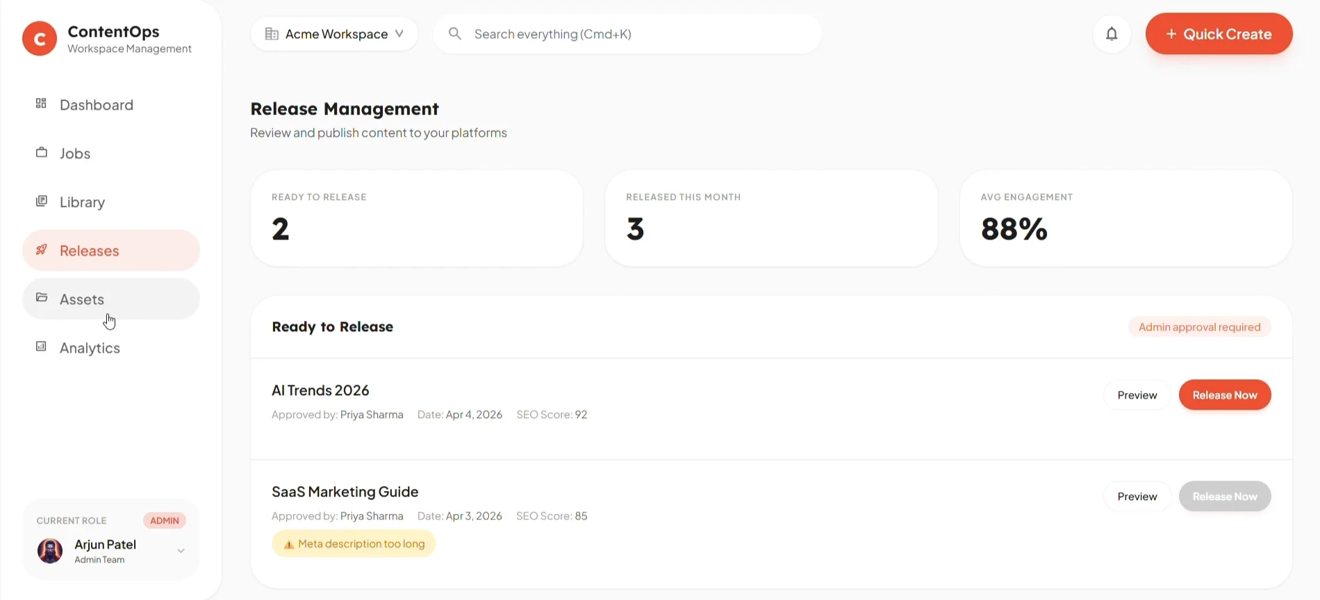 Release management with one post blocked by a meta description that is too long, its Release now button disabled
