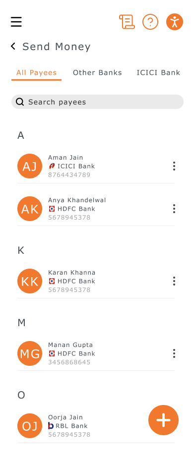 Alphabetical payee list with bank tags