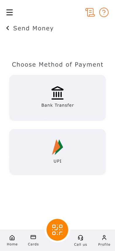 Two large cards: Bank Transfer and UPI