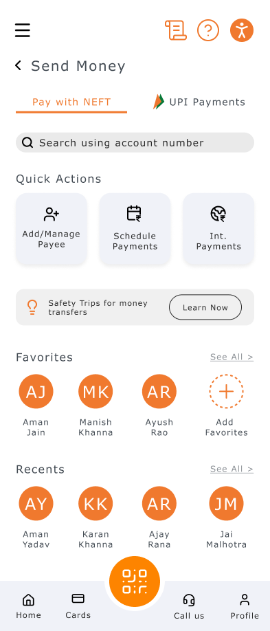 Send Money with bigger icons and favorites