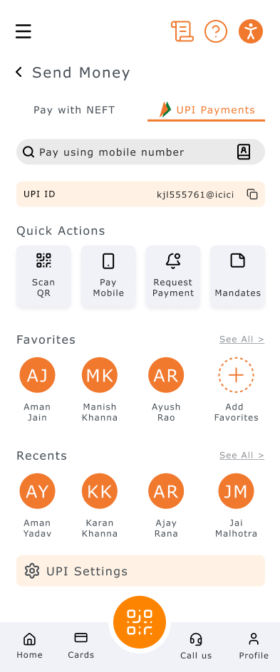 UPI tab with clear icons