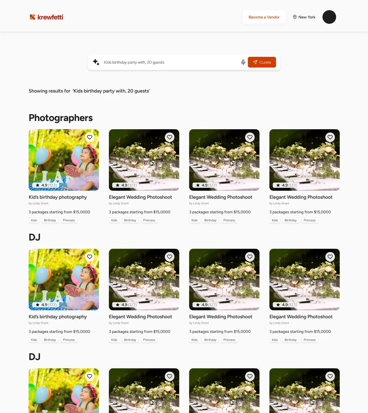 The AI search results page: the prompt bar at the top, the line showing results for kids birthday party with, 20 guests, then rows of vendor cards under Photographers and DJ, every card priced as three packages starting from a figure
