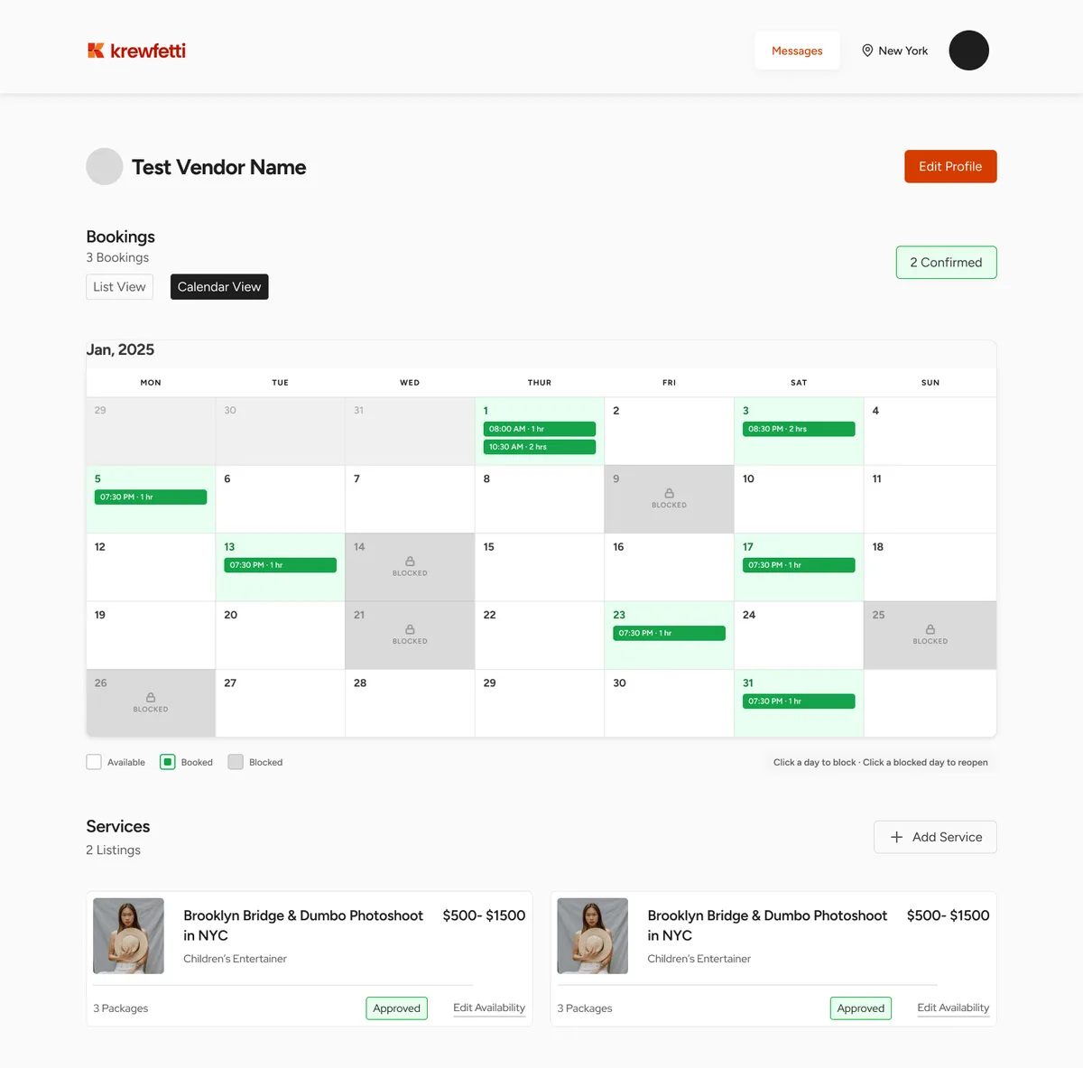 The vendor calendar: a month grid where booked days carry the start time and length of each session, blocked days show a padlock, a legend marks available, booked and blocked, and a note reads click a day to block, click a blocked day to reopen