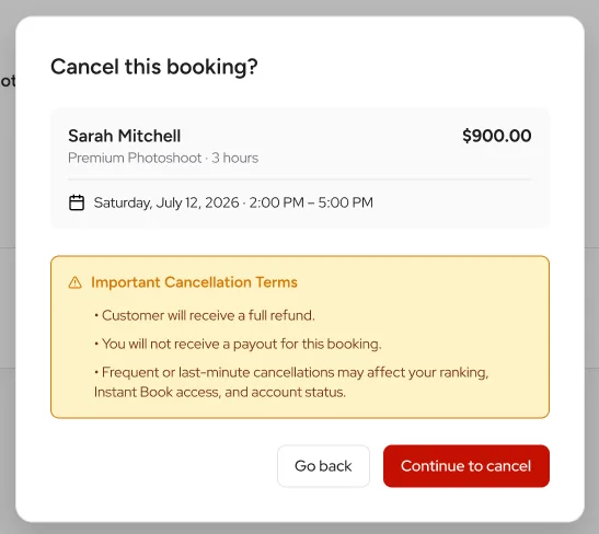 The first step of cancelling a booking: a dialog headed cancel this booking, the booking summary and payout, then a highlighted panel of important cancellation terms saying the customer receives a full refund, the vendor receives no payout, and frequent or last-minute cancellations may affect ranking, Instant Book access and account status