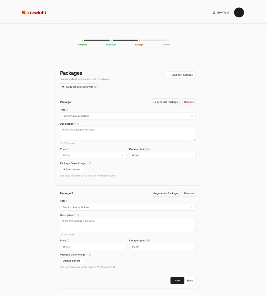 Step four of the vendor listing flow: a progress bar reading describe, questions, package, review, then a Packages panel with a Suggest packages with AI button and two package blocks, each holding title, description, price, duration and a cover image upload, with Regenerate Package and Remove actions