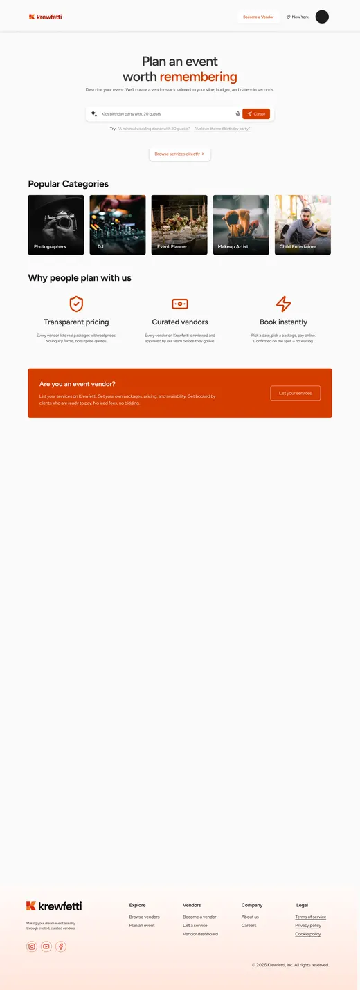 The first home page: a hero, one search input, a row of five category tiles, three reassurance points and a vendor call to action