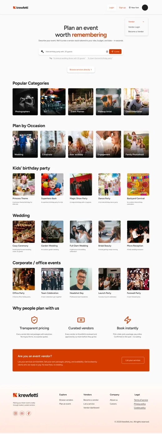 The same page four rows longer, with plan by occasion, kids' birthday party, wedding and corporate rows added under the categories