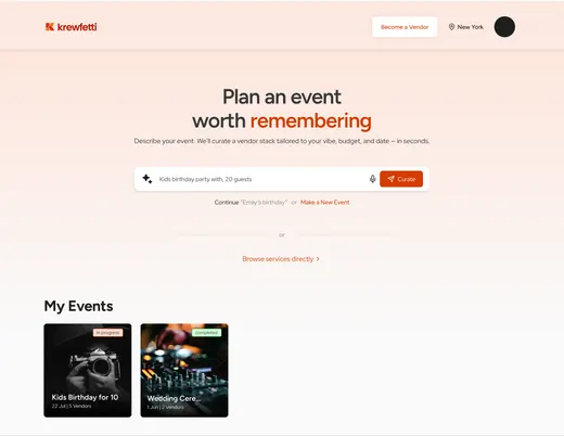The home page after the pivot: hero, one input, a line offering to continue a named event or make a new one, a link to browse services directly, and a My Events row