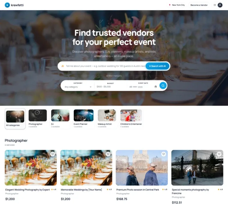 The home page as it was when I joined: a photographic hero with the headline find trusted vendors for your perfect event, a blue Search with AI bar, an or filter manually row with category, budget and event date controls, a strip of category tiles with availability counts, and then priced service cards grouped under photographer, DJ, event planner, makeup artist and children's entertainer