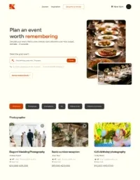 The direction that won: a warm cream page with an orange accent, overlapping photographs beside the copy, category chips, and priced vendor cards starting immediately below the fold