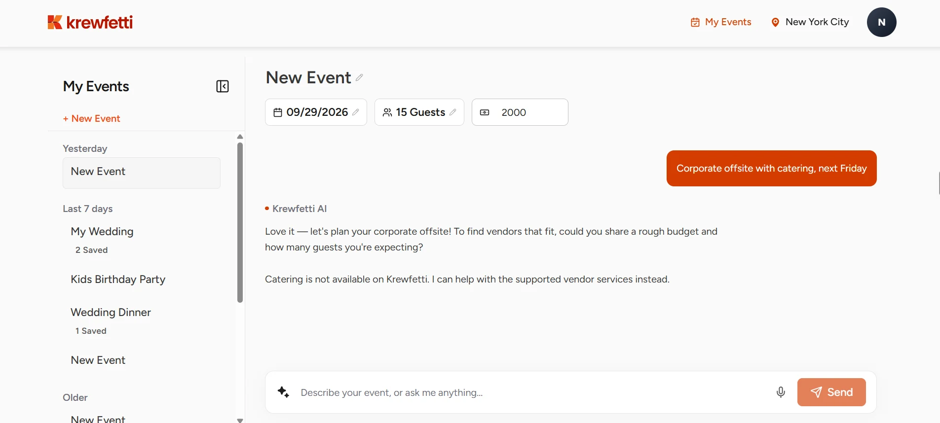 A new event in the full-screen chat: date, guest count and budget sit as editable chips above the thread, with the organiser prompt below and the assistant asking for a budget and guest count