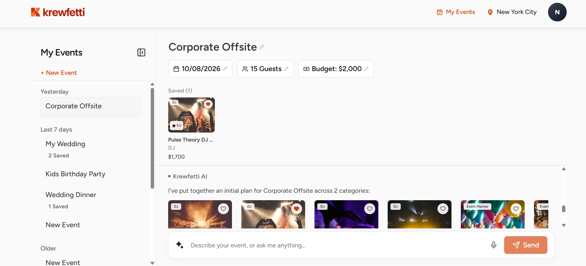 An initial plan across two categories, with vendor cards carrying a category tag, rating and price inside the conversation, and a saved vendor pinned above